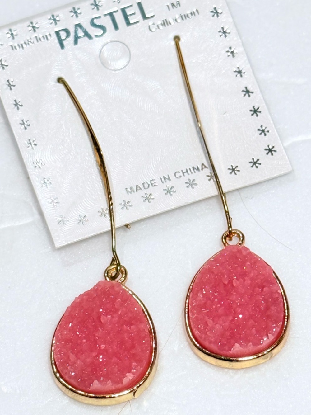 Top & Top Pastel Collection Pastels Pink Coral Druzy Teardrop Earring Gold Frame
